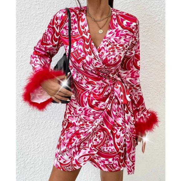 Cuff feather detailed Wrap Knot Side Mini Dress - Picture 4 of 7